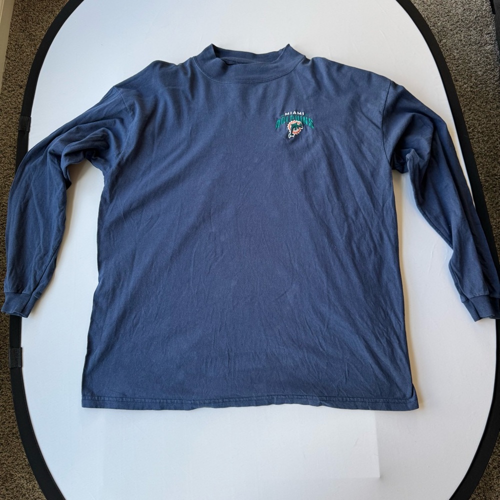 Men’s Vintage NFL Miami Dolphins Logo Blue Long Sleeve Cotton T-Shirt Size XL